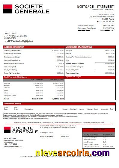 France Société Générale bank mortgage statement